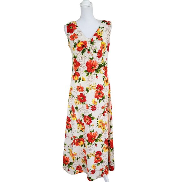 Vintage 70s Floral sleeveless maxi dress with low V neck - Picture 1 of 8